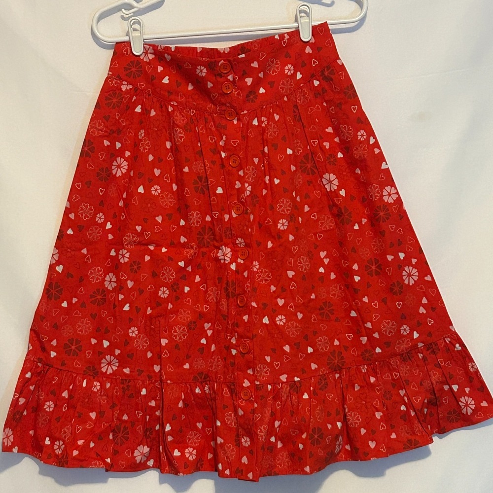 ModCloth Red Heart Valentines Day Skirt Button Down A Line‎ Womens Small Cotton
